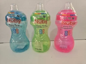 (3) Nuby No-Spill Easy Grip Aqua  Soft Spout Sippy Cup, 10 oz, BPA Free, 6M+ - Picture 1 of 10