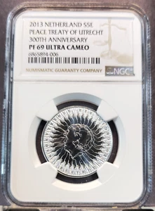 2013 NETHERLANDS SILVER 5 EURO PEACE TREATY OF UTRECHT NGC PF 69 ULTRA CAMEO - Picture 1 of 3