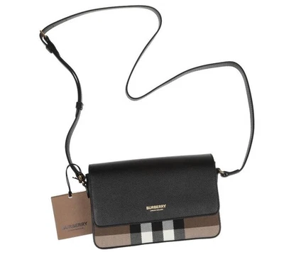 NEW BURBERRY "NEW HAMPSHIRE" BLACK CHECK CANVAS LEATHER CROSSBODY SHOULDER BAG - Image 1 of 4