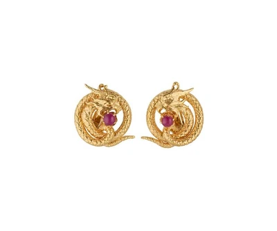 Ruby Cabochon Chinese Dragon Style Omega Back Earrings in 18K - Image 1 of 3