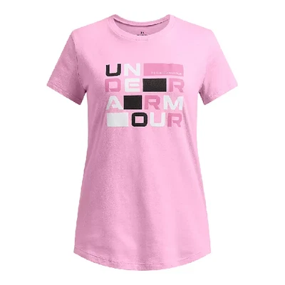 New Girls Under Armour Block Logo Short Sleeve Graphic T-Shirt Size YM Pink - Image 1 of 2