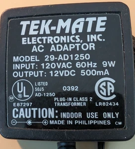 Tek- Mate Electronics. inc.AC/DC Adapter Model #29-AD1250Output 120 VDC..500mA - Picture 1 of 4