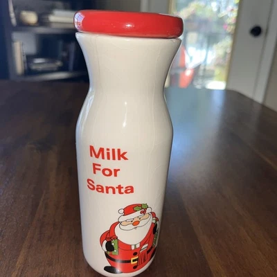 Milk for Santa Porcelain Earthenware Red White Empty Bottle 7” Tall 2 minor chip - Image 1 of 4