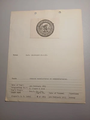 Historic Tobacco Trademark Archive – 44 Original Documents 1893–1920 RARE UNIQUE - Image 1 of 4