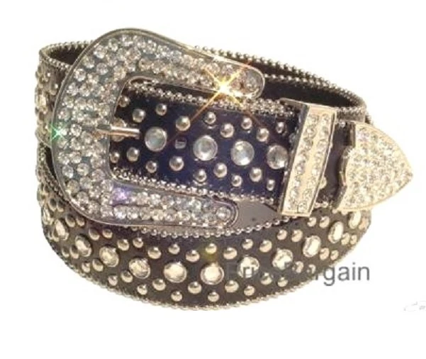 Nuevo Cinturón de Cuero Genuino Negro Western Estrás Brillante Cristal Hebilla a Presión L Foto 1 de 1