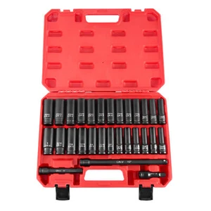 29Pcs 1/2" Drive Deep Impact Socket Set with Extension Bars SAE and Metric CR-V - Picture 1 of 11