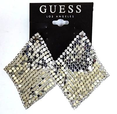 Nuovo GUESS Lucido Color Argento, Rete Drappeggio, Cristallo Bordi Quadrato Drop - Immagine 1 di 3