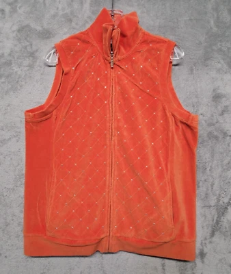 Quaker Factory Vest Womens Large Orange Rhinestone Sequin Casual Zip Jeanne Bice - Image 1 of 4