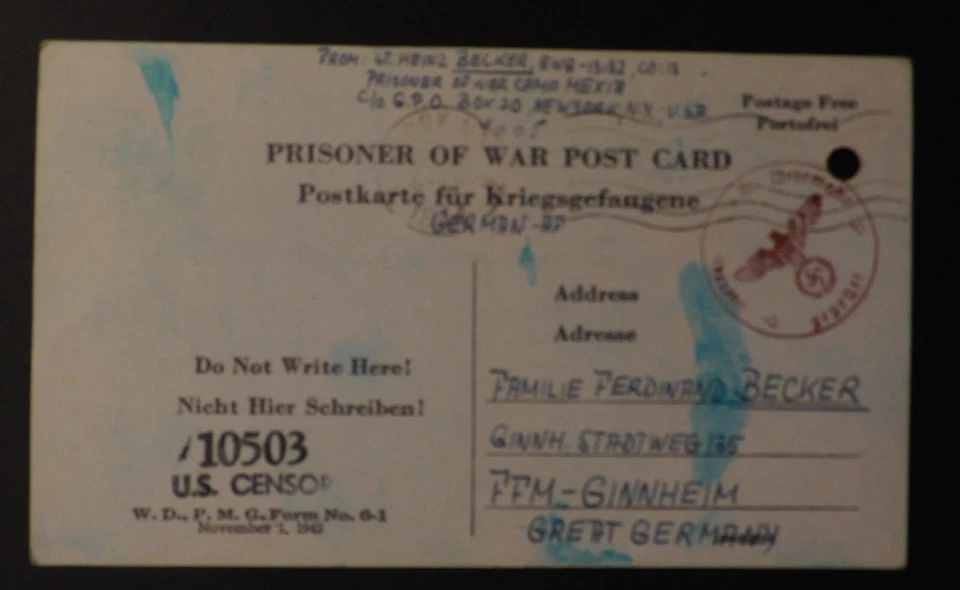 1944 Camp Mexia Texas USA Prisoner of war POW Postcard Cover to Ginnheim Germany - Image 1 of 2