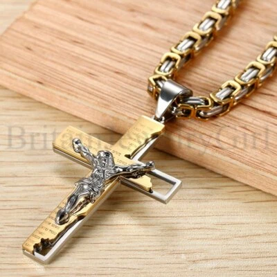 Collar Colgante Cruz Crucifijo Jesucristo Versículo Bíblico Acero Inoxidable para Hombre Foto 1 de 4