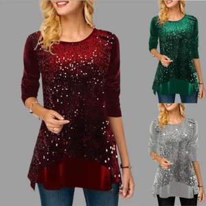 UK Ladies Sequins Tunic Long Sleeve Tops Blouse Christmas Shirts PLUS SIZE 6-20 - Picture 1 of 13