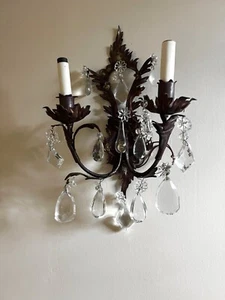 Vintage Italian Wall Sconces Pair Crystal Prism Drops Leaf Design Two Light - Picture 1 of 9