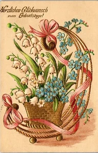 Postal Alemana Feliz Cumpleaños Olvídame No Lirio Maceta Dorada Dorada  - Imagen 1 de 3