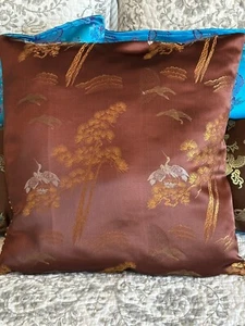 Brown Orange Gold Blue Satin Asian Inspired Embroidered Throw Pillow Case - Picture 1 of 11