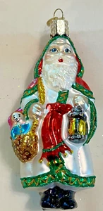 OWC OLD WORLD GLASS FATHER CHRISTMAS ORNAMENT, ST NICK W BASKET, GLITTER - Picture 1 of 4