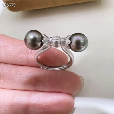 Impresionante anillo de perlas verdes negras redondas tahitianas 925s (mtrh) de 8-9 mm Foto 1 de 4