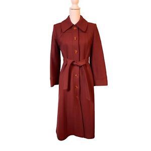 Vintage Sears Jr Bazaar Coat Womens 8 Burgundy Wool Long Button Up Lined