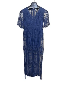 ELeter NWT Sexy V Neck Blue Lace Romper Short Sleeve Maxi Dress Small - Picture 1 of 6