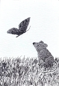 Original ACEO Drawing Mouse and the Butterfly Cute Pointilism Gift Artwork Card - Picture 1 of 3