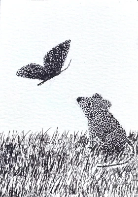 Original ACEO Drawing Mouse and the Butterfly Cute Pointilism Gift Artwork Card - Image 1 of 3