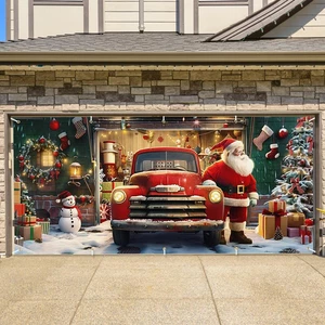 Christmas Garage Door Cover - Santa Claus and Vintage Truck Holiday Banner Decor - Picture 1 of 12