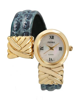 Reloj brazalete mujer Pedre tono dorado MoP cuero azul 3946GX. Como nuevo. Foto 1 de 2