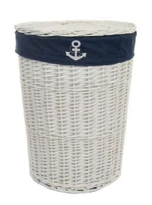 Wäschekorb weide weiß rund m. Bezug Deckel marineblau D.46 H.62 38WRd-c - Bild 1 von 4