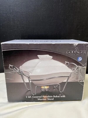 Godinger 1 qt Covered Porcelain Baker with Warmer Stand SKU 6688 - Image 1 of 4