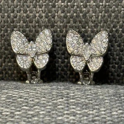 Silver Butterfly Earrings, Huggie, Pave Crystal Rhinestone, Prom Bride Wedding - Image 1 of 4