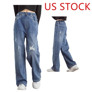 Girls Ripped Jean Distressed Retro Denim Trousers Kid Elastic Loose Fit Pants - Picture 1 of 12