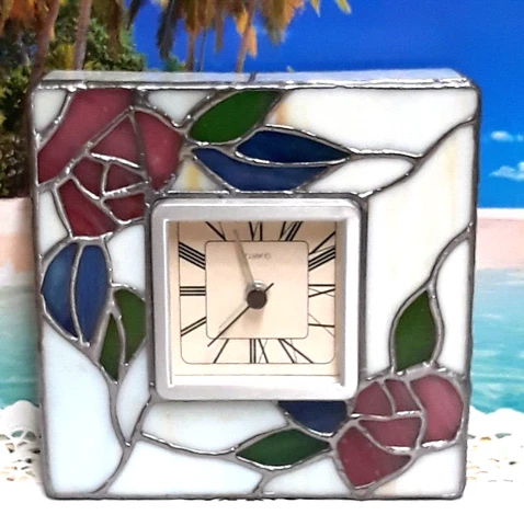 Royal Limited Creamy White Stain Glass Quartz Clock with Pink Flowers and Leaves Cover