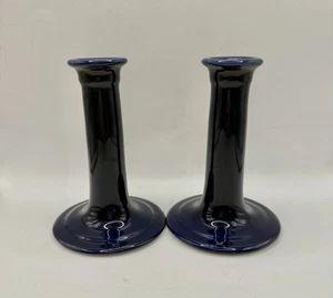 Pair Of Colonial Blue Ceramic Pottery Candlesticks 5.5” Tall - Picture 1 of 6