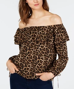 Michael Kors Ruffled Off-the-Shoulder Top, Leopard Dark Camel, L - Picture 1 of 15
