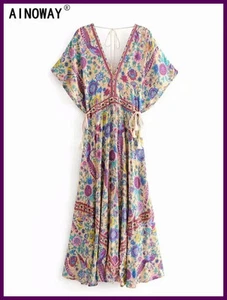 Vintage Chic Women Peacock Floral Print Bat Sleeve Beach Bohemian Maxi - Picture 1 of 26