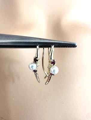 Estate 14K Yellow Gold Pearl and Ruby Wire Hook Earrings - Image 1 of 4