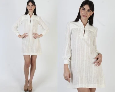 Vestido Seersucker De Colección Blanco Off Corto Boho Boda Rayas Crochet Solero Foto 1 de 4