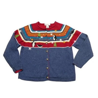 Vintage Susan Bristol Sweater Womens Large Blue Cardigan Penguins Christmas 00s - Image 1 of 4