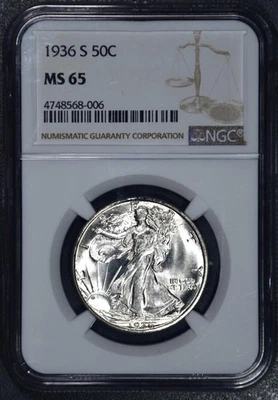 1936-S 50C WALKING LIBERTY SILVER COIN KM# 142 NGC MS 65  A5773 - Image 1 of 2