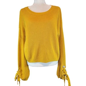 Moon & Madison Yellow Chunky Ribbed Knit Sweater M Boho Lace Ribbon Tie Sleeves - Picture 1 of 9