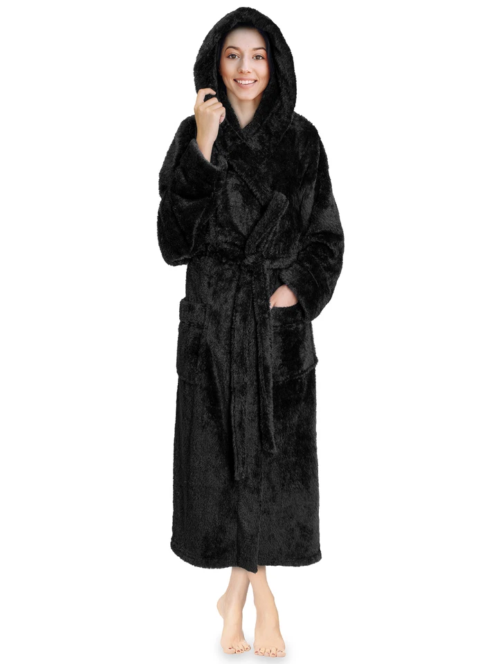 Womens Ladies Fluffy Robe Soft Fleece Luxe Plush Warm Sherpa Hooded Spa Bathrobe - Image 1 of 1