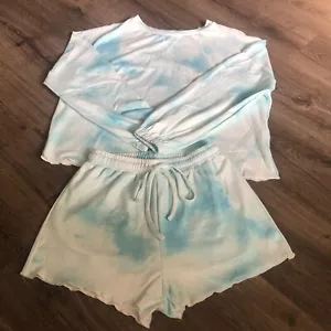 Womens Tie Dye Shorts Set LoungeWear Lingerie Pajamas Top Boho Blue White Small - Picture 1 of 7