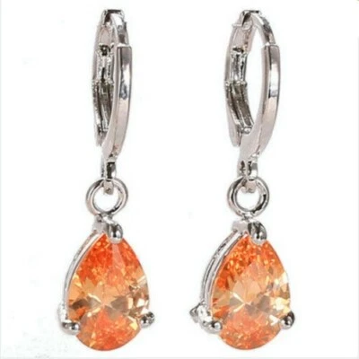 Pretty New Silver Plated Orange CZ Pear Shape Teardrop Leverback Dangle Earrings - Image 1 of 4