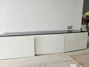 White High Gloss TV Unit with 2 Glass Tops (White & Black) - Picture 1 of 2