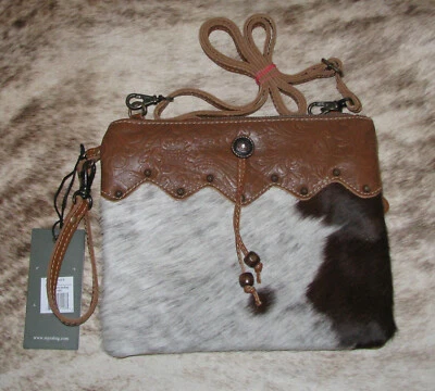 Myra #3401 Embossed Leather, Hairon 9.3"x8" Ornate Bag~Shoulder&Wristlet Straps - Image 1 of 3