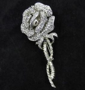 3.25" Nolan Miller Rose Pave Rhinestone Brooch Flower Silvertone - Picture 1 of 10