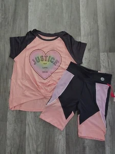 NWT Girls Justice Outfit Knotted Logo Top/Active Bike Shorts Size 7 8 10 (BB) - Picture 1 of 1