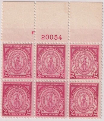 USA 1930 MNH STAMPS PLATE BLOCK OF 6 MLH IN NON GLUE AREA, MASS BAY COLONY SEAL - Image 1 of 2