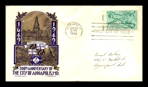 ANNAPOLIS MARYLAND 300TH ANNIVERSARY COVERCRAFT STAEHLE CACHET FDC 1949 - Image 1 of 1