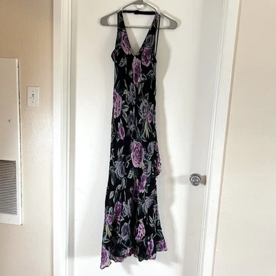 VTGEva Blue Sz 10 Maxi Dress V Neck Lined Whimsical Sexy Flowy Beaded Foral - Image 1 of 4