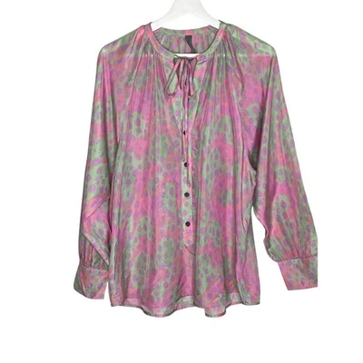 Camisa Raquel Allegra Seda Manchada Popover Manga Larga Rosa/Verde Para Mujer 1/S Foto 1 de 4